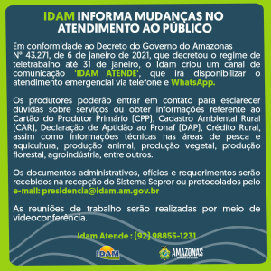 Imagem da notícia - Idam informa mudanças no atendimento ao público